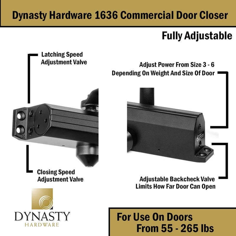 Dynasty Hardware Door Closer, Grade 1 Heavy Duty Commercial Hydraulic Closer, Self-Closing, Adjustable Spring Size 3-6, Surface Mount, Sprayed Duronotic Bronze, Series 1636 - Image 4